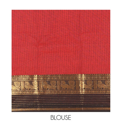 Pothys Maroon Striped Chettinad Cotton Saree, Complemented by a Contrast Traditional Temple Border, Striped Pallu, and a Matching Blouse