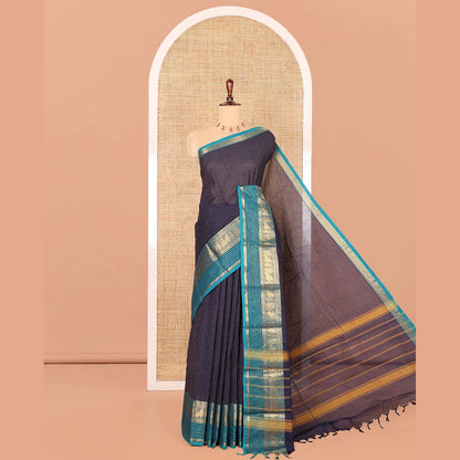 Pothys Navy Blue Blue Striped Chettinad Cotton Saree, Complemented by a Contrast Traditional Temple Border, Striped Pallu, and a Matching Blouse