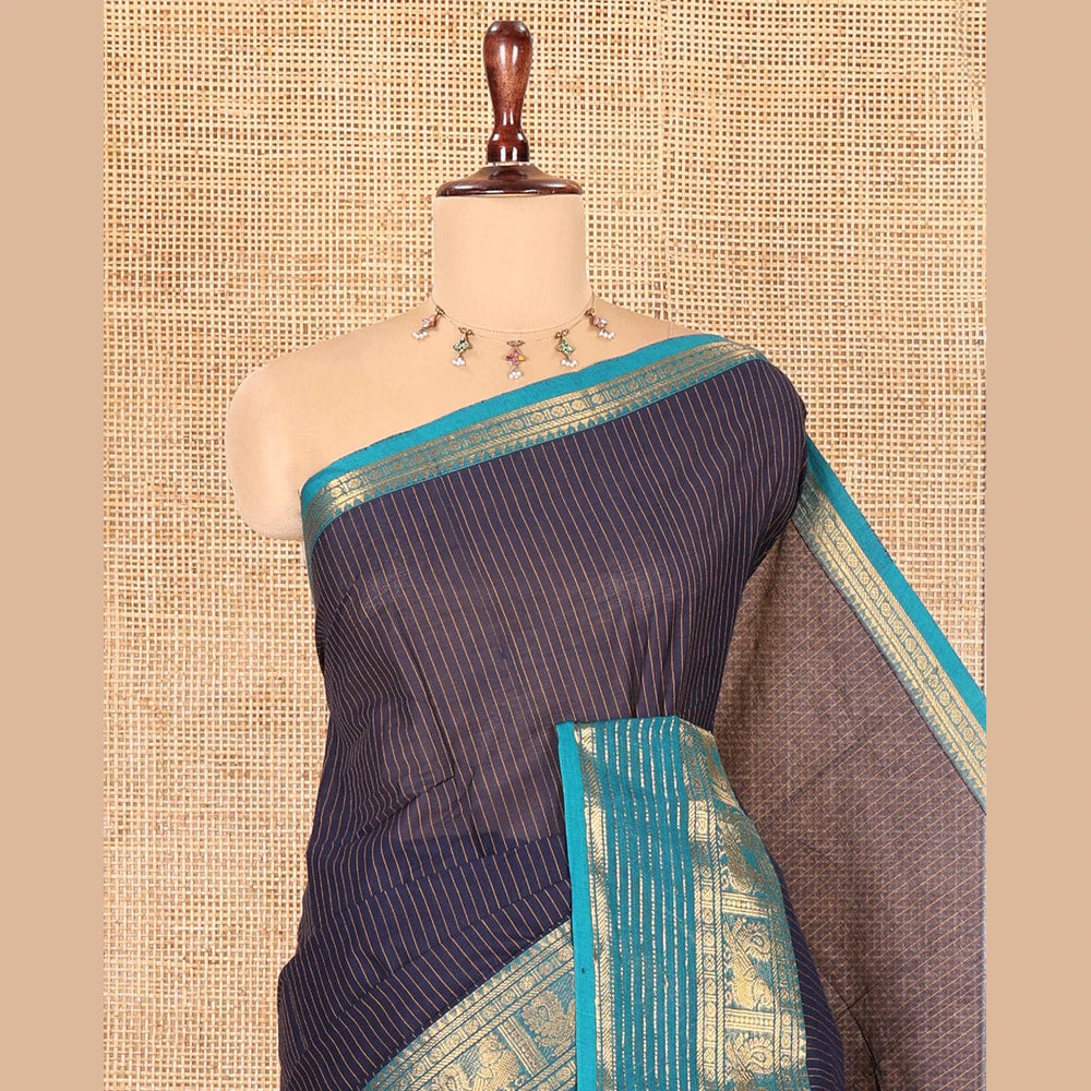Pothys Navy Blue Blue Striped Chettinad Cotton Saree, Complemented by a Contrast Traditional Temple Border, Striped Pallu, and a Matching Blouse