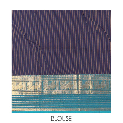 Pothys Navy Blue Blue Striped Chettinad Cotton Saree, Complemented by a Contrast Traditional Temple Border, Striped Pallu, and a Matching Blouse