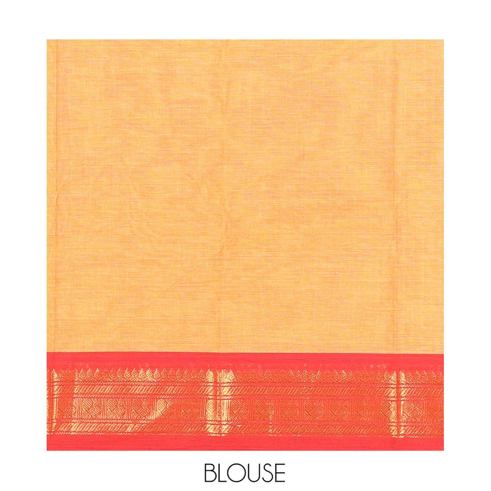 Pothys Mustard Plain Chettinad Cotton Saree, a Contrast Kal Eragina Traditional Ganga-Jamuna Border, Striped Pallu, and a Matching Blouse