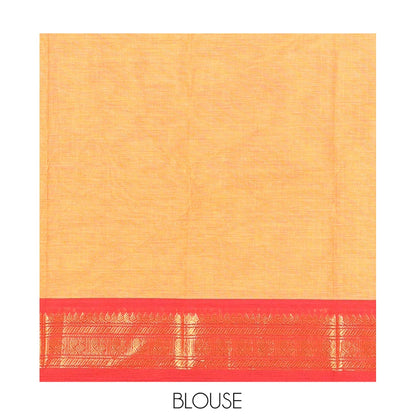 Pothys Mustard Plain Chettinad Cotton Saree, a Contrast Kal Eragina Traditional Ganga-Jamuna Border, Striped Pallu, and a Matching Blouse