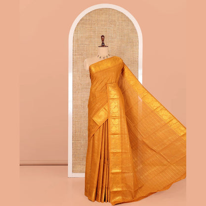 Pothys Mustard Zari Checked Sungudi Cotton Saree, Highlighted by Peacock Zari Border, and a Contrast Blouse