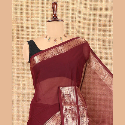 Pothys Brown Plain Chettinad Saree, Gleamed Up with a Zari Rettai Pettu Traditional Border, Striped Pallu, and a Matching Blouse