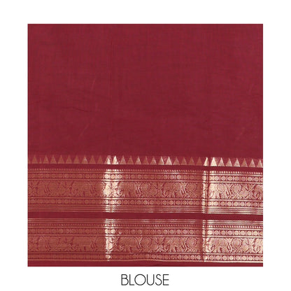 Pothys Brown Plain Chettinad Saree, Gleamed Up with a Zari Rettai Pettu Traditional Border, Striped Pallu, and a Matching Blouse