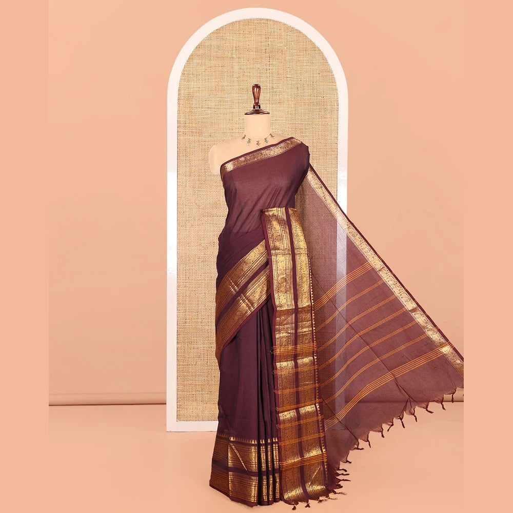 Pothys Coffee Brown Plain Chettinad Cotton Saree, Highlighted by Rettai Pettu Peacock-Elephant Border, a Matching Blouse