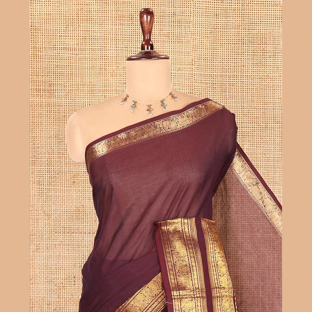 Pothys Coffee Brown Plain Chettinad Cotton Saree, Highlighted by Rettai Pettu Peacock-Elephant Border, a Matching Blouse