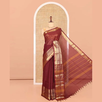 Pothys Maroon Plain Chettinad Cotton Saree, Highlighted by Traditional Kanchi Border, Striped Pallu, a Matching Blouse