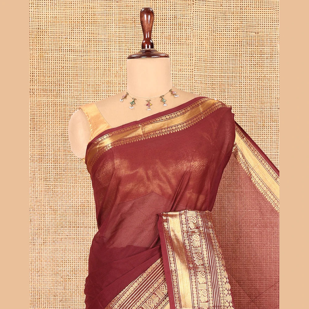 Pothys Maroon Plain Chettinad Cotton Saree, Highlighted by Traditional Kanchi Border, Striped Pallu, a Matching Blouse
