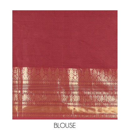 Pothys Maroon Plain Chettinad Cotton Saree, Highlighted by Traditional Kanchi Border, Striped Pallu, a Matching Blouse