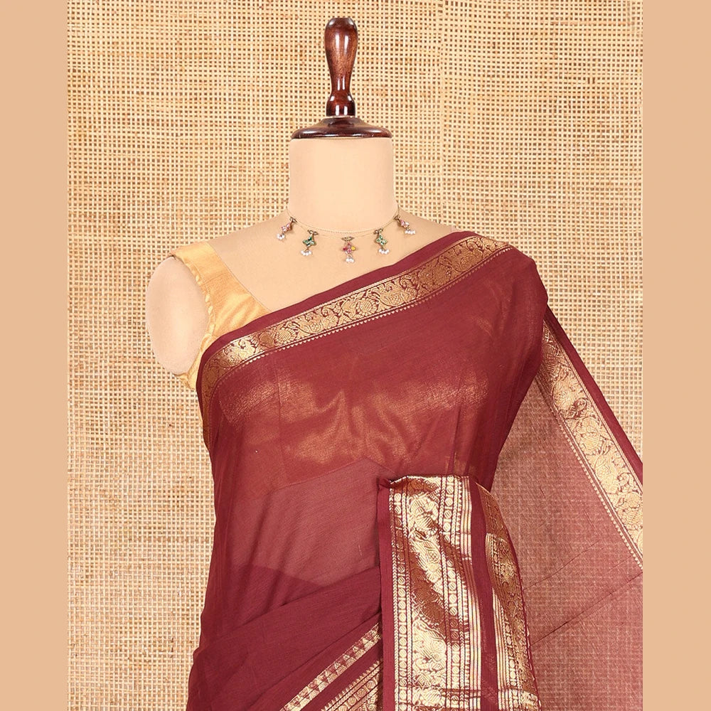 Pothys Maroon Plain Chettinad Cotton Saree, Highlighted by Rettai Pettu Peacock-Elephant Border, a Matching Blouse