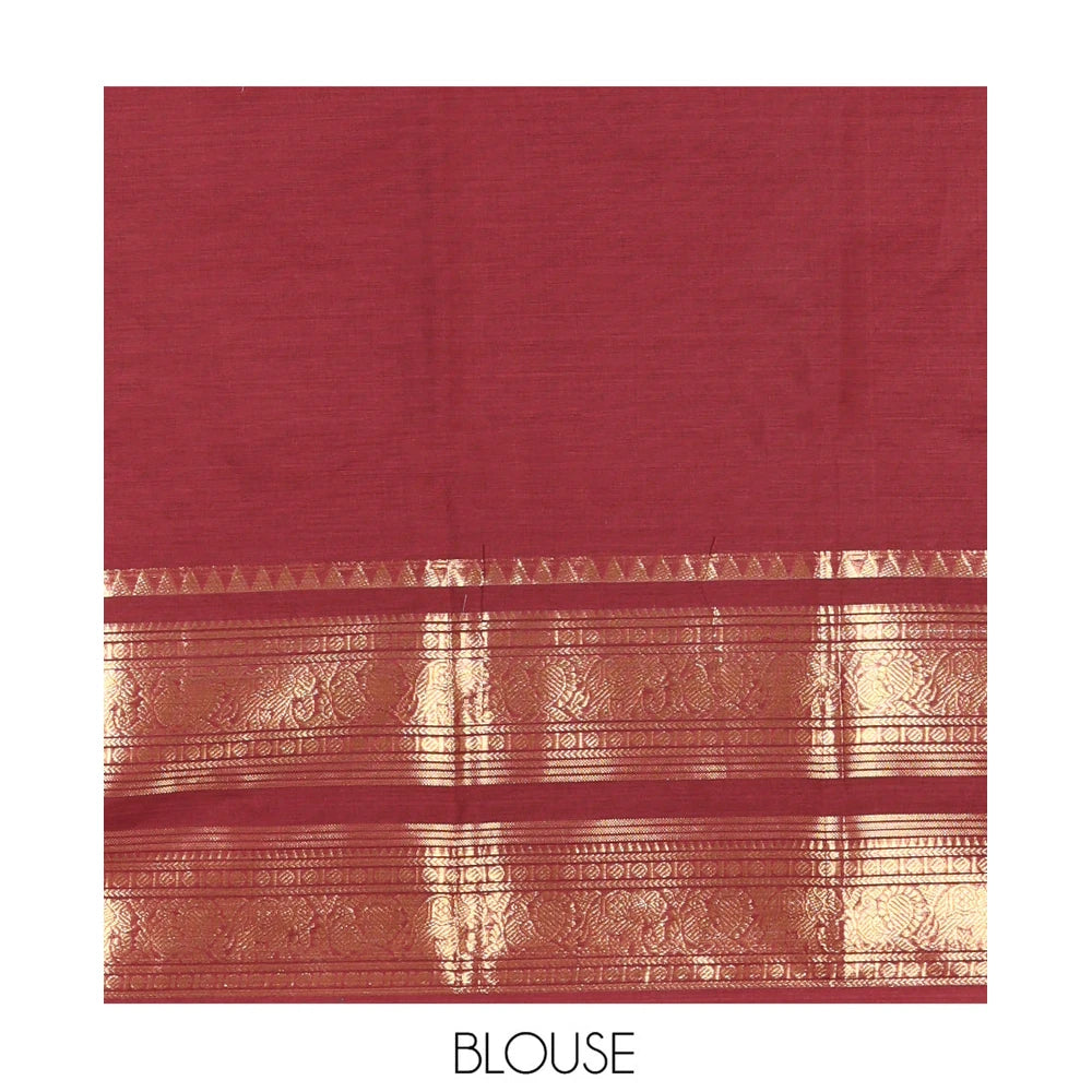 Pothys Maroon Plain Chettinad Cotton Saree, Highlighted by Rettai Pettu Peacock-Elephant Border, a Matching Blouse