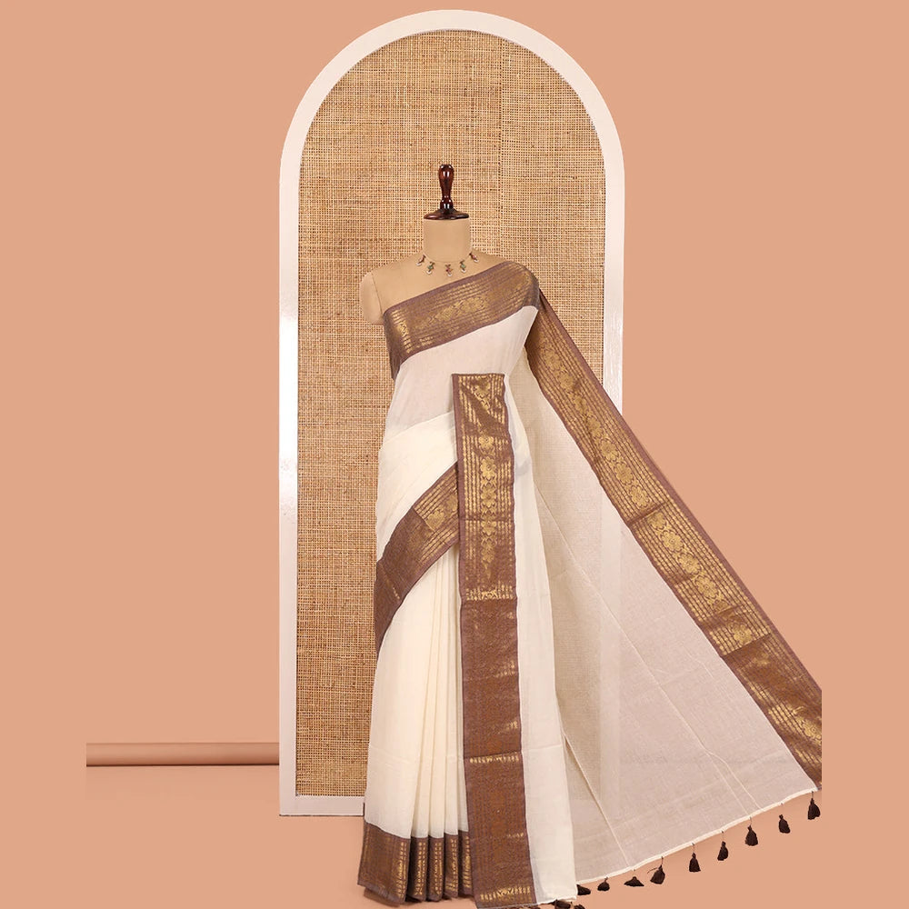 Pothys Cream Plain Khadi Mul Cotton Saree, Complemented by a Contrast Rudraksham-Floral Border, a Self-Pallu, and No Blouse