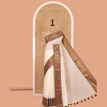 Pothys Cream Plain Khadi Mul Cotton Saree, Complemented by a Contrast Rudraksham-Floral Border, a Self-Pallu, and No Blouse