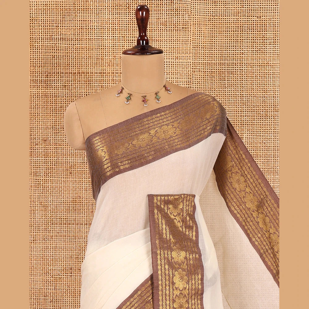 Pothys Cream Plain Khadi Mul Cotton Saree, Complemented by a Contrast Rudraksham-Floral Border, a Self-Pallu, and No Blouse