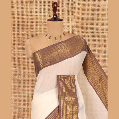 Pothys Cream Plain Khadi Mul Cotton Saree, Complemented by a Contrast Rudraksham-Floral Border, a Self-Pallu, and No Blouse