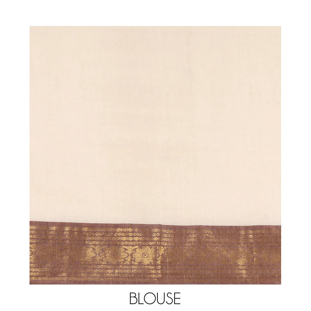 Pothys Cream Plain Khadi Mul Cotton Saree, Complemented by a Contrast Rudraksham-Floral Border, a Self-Pallu, and No Blouse