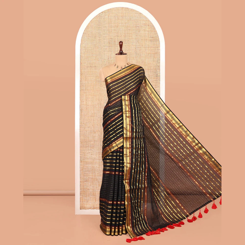 Pothys Black Khadi Mul Cotton Saree, Elevated with Horizontal Gold Zari Stripes, a Zari Border, Self-Pallu, and No Blouse