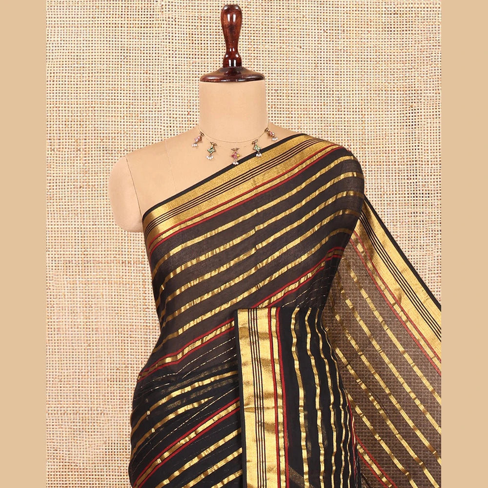 Pothys Black Khadi Mul Cotton Saree, Elevated with Horizontal Gold Zari Stripes, a Zari Border, Self-Pallu, and No Blouse