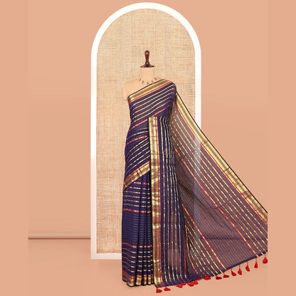 Pothys Navy Blue Blue Khadi Mul Cotton Saree, Accentuated with Horizontal Gold Zari Stripes, a Zari Border, Self-Pallu, and No Blouse