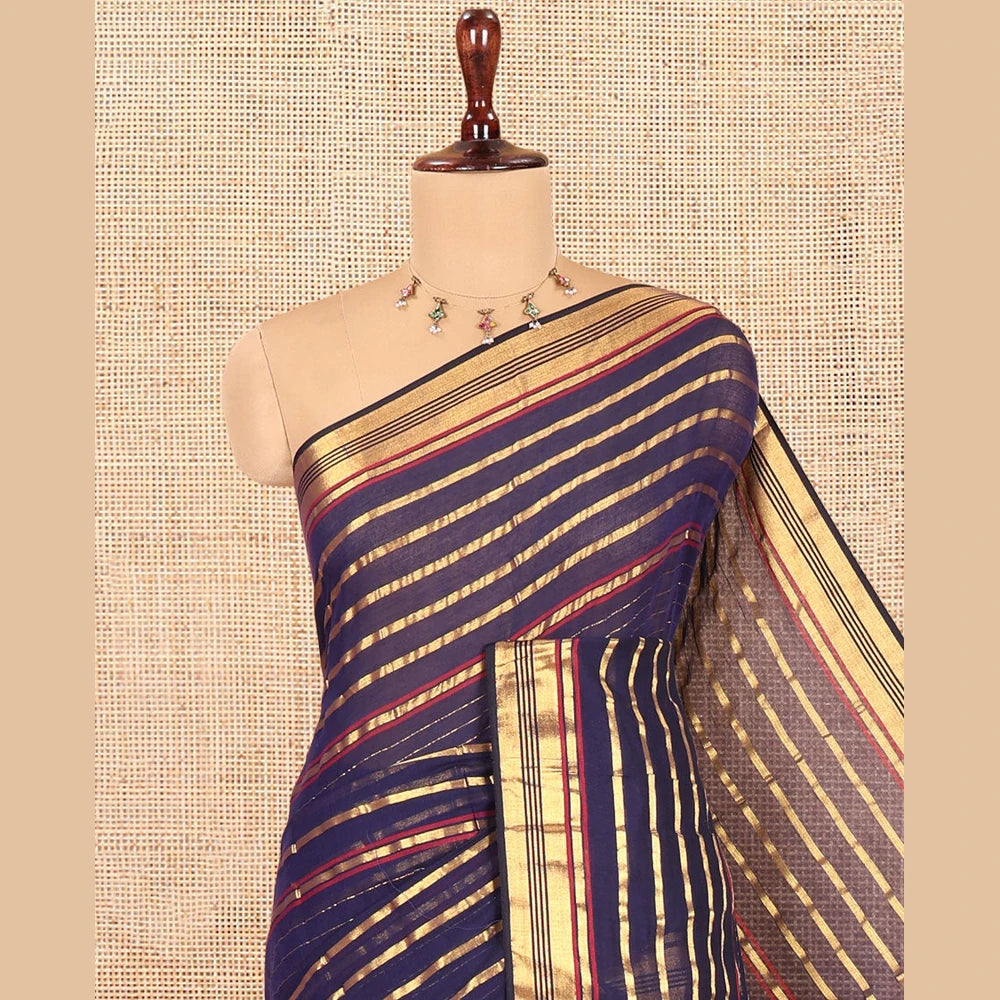 Pothys Navy Blue Blue Khadi Mul Cotton Saree, Accentuated with Horizontal Gold Zari Stripes, a Zari Border, Self-Pallu, and No Blouse