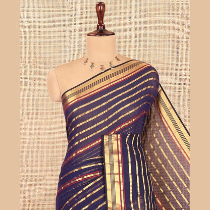 Pothys Navy Blue Blue Khadi Mul Cotton Saree, Accentuated with Horizontal Gold Zari Stripes, a Zari Border, Self-Pallu, and No Blouse