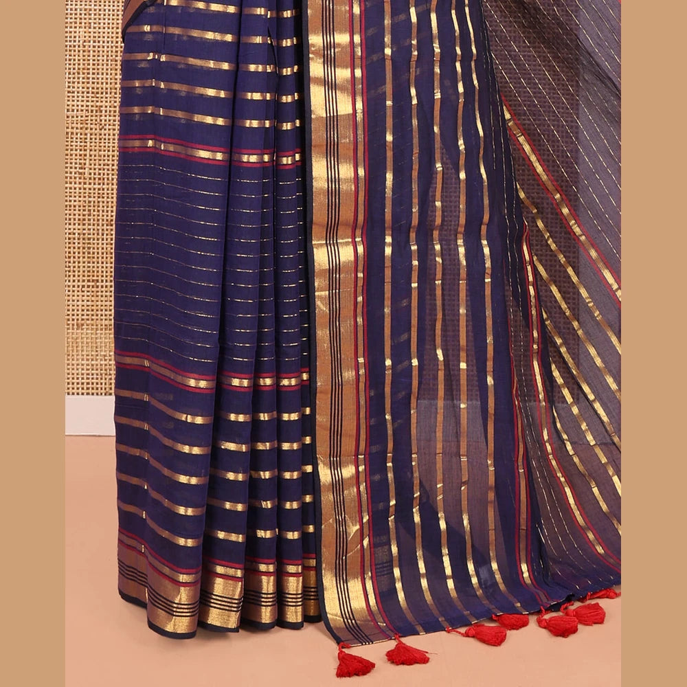 Pothys Navy Blue Blue Khadi Mul Cotton Saree, Accentuated with Horizontal Gold Zari Stripes, a Zari Border, Self-Pallu, and No Blouse
