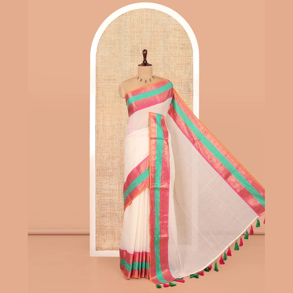Pothys Cream Plain Khadi Mul Cotton Saree, Complemented by Contrast Traditional Zari Border, a Self-Pallu, and No Blouse