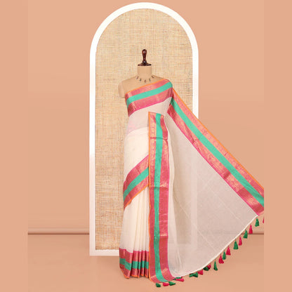 Pothys Cream Plain Khadi Mul Cotton Saree, Complemented by Contrast Traditional Zari Border, a Self-Pallu, and No Blouse