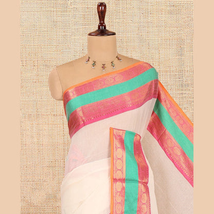 Pothys Cream Plain Khadi Mul Cotton Saree, Complemented by Contrast Traditional Zari Border, a Self-Pallu, and No Blouse