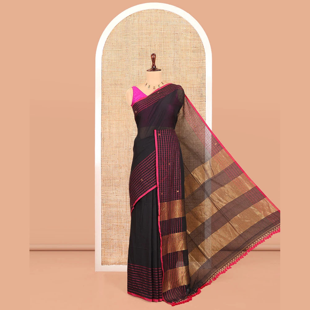 Pothys Black Plain Khadi Mul Cotton Saree, Contrast Dobby-Style Buttas and Striped Border, and Gleaming Striped Pallu