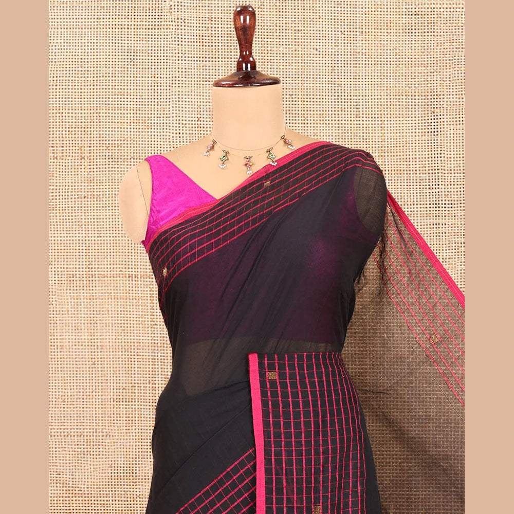 Pothys Black Plain Khadi Mul Cotton Saree, Contrast Dobby-Style Buttas and Striped Border, and Gleaming Striped Pallu