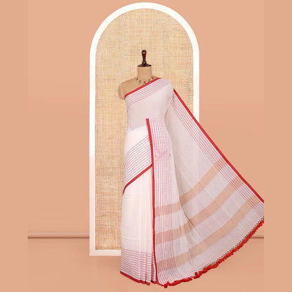 Pothys White Plain Khadi Mul Cotton Saree, Contrast Dobby-Style Buttas and Striped Border, and Gleaming Striped Pallu