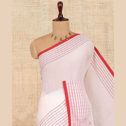 Pothys White Plain Khadi Mul Cotton Saree, Contrast Dobby-Style Buttas and Striped Border, and Gleaming Striped Pallu