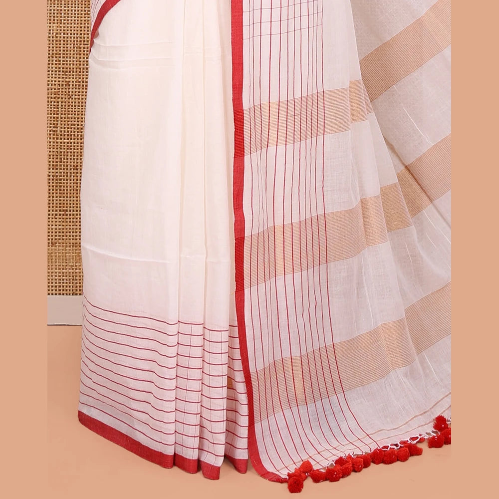 Pothys White Plain Khadi Mul Cotton Saree, Contrast Dobby-Style Buttas and Striped Border, and Gleaming Striped Pallu