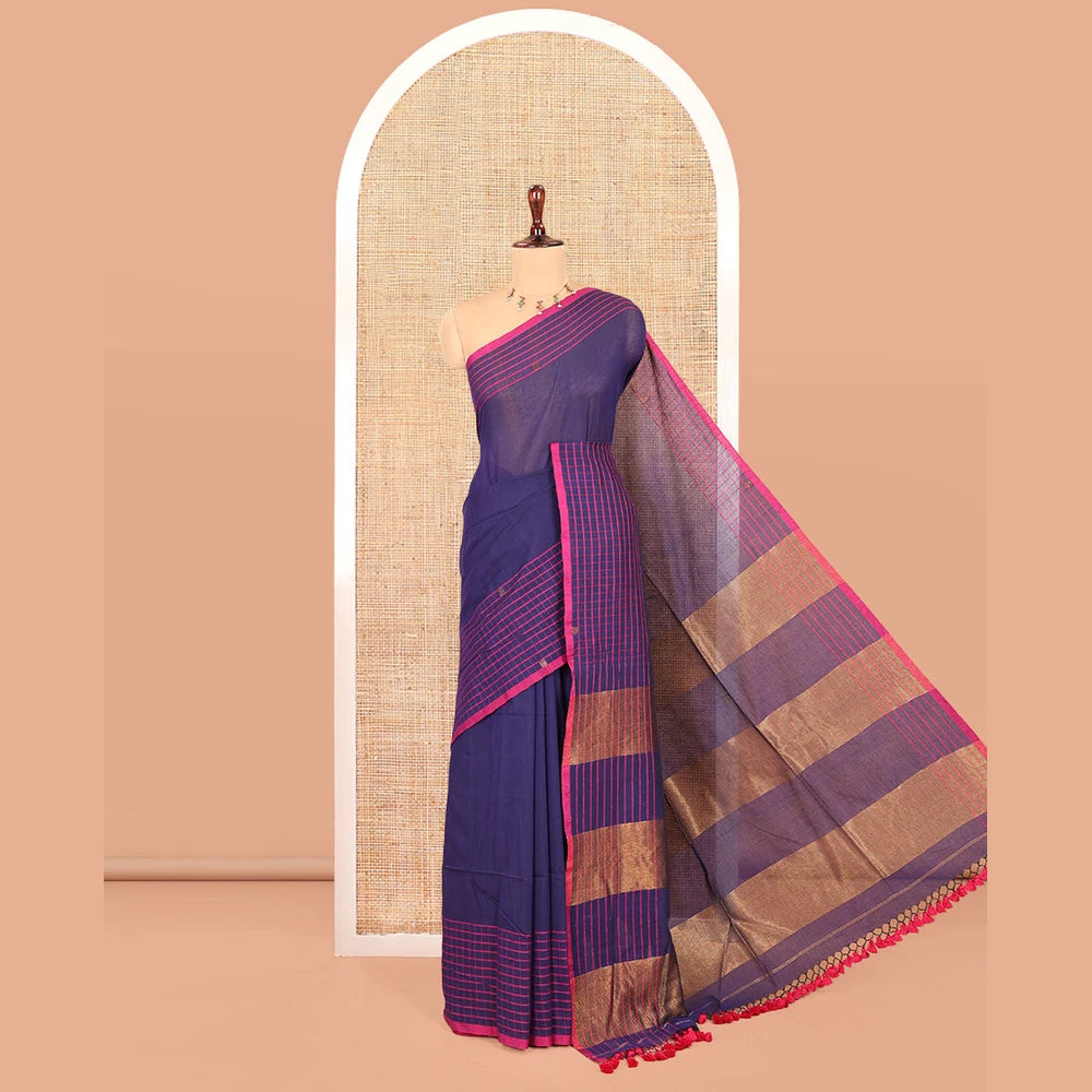 Pothys Navy Blue Blue Plain Khadi Mul Cotton Saree, Contrast Dobby-Style Buttas and Striped Border, and Gleaming Striped Pallu