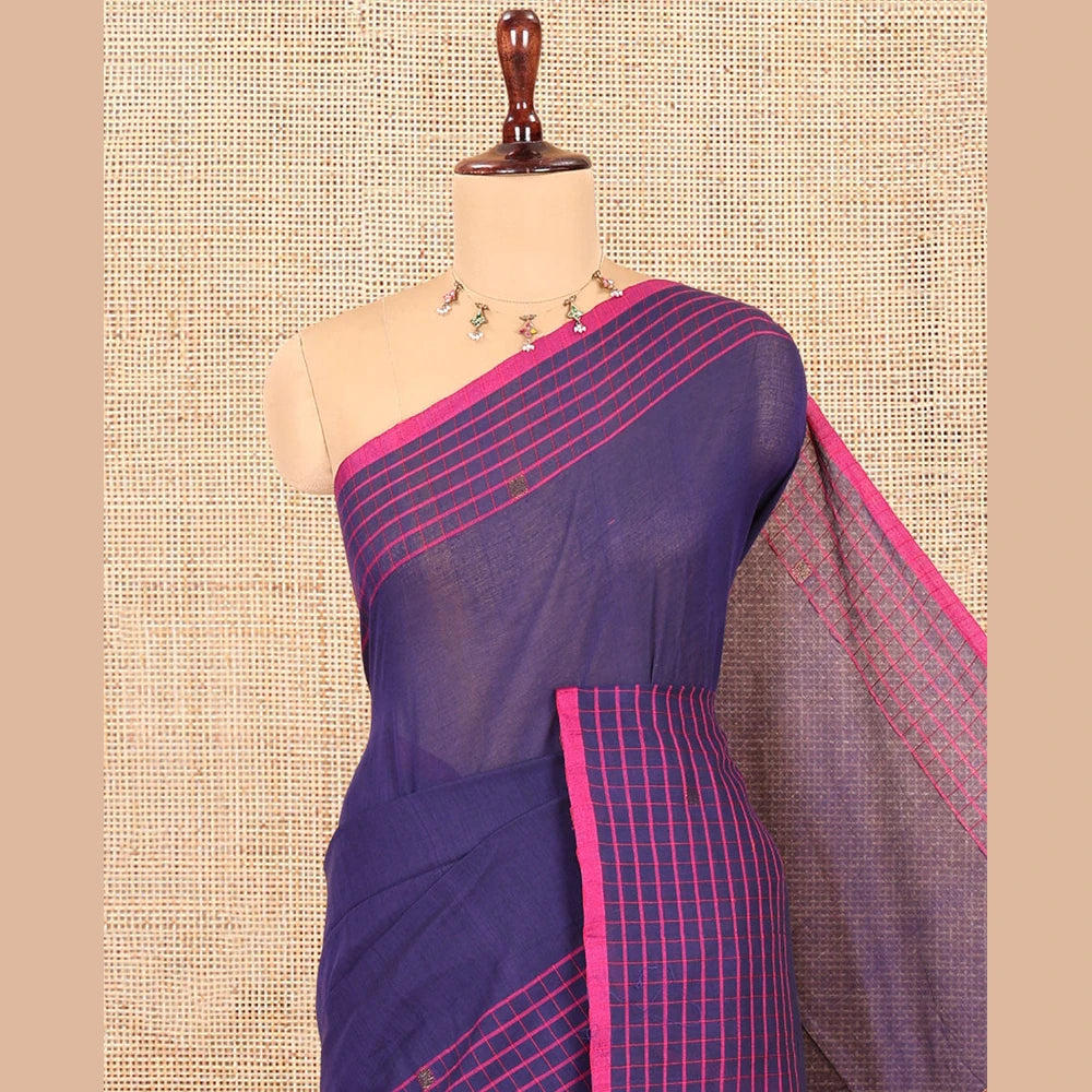Pothys Navy Blue Blue Plain Khadi Mul Cotton Saree, Contrast Dobby-Style Buttas and Striped Border, and Gleaming Striped Pallu