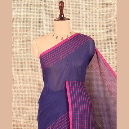 Pothys Navy Blue Blue Plain Khadi Mul Cotton Saree, Contrast Dobby-Style Buttas and Striped Border, and Gleaming Striped Pallu