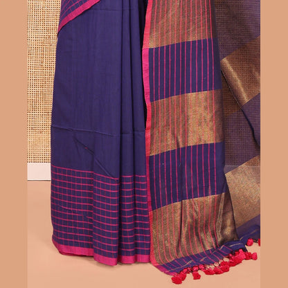 Pothys Navy Blue Blue Plain Khadi Mul Cotton Saree, Contrast Dobby-Style Buttas and Striped Border, and Gleaming Striped Pallu