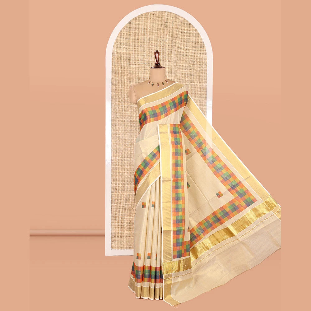Pothys Gold-Mehendi Kerala Tissue Cotton Saree Features Madras Checked Buttas, a Zari Checked Border, and a Contrast Blouse