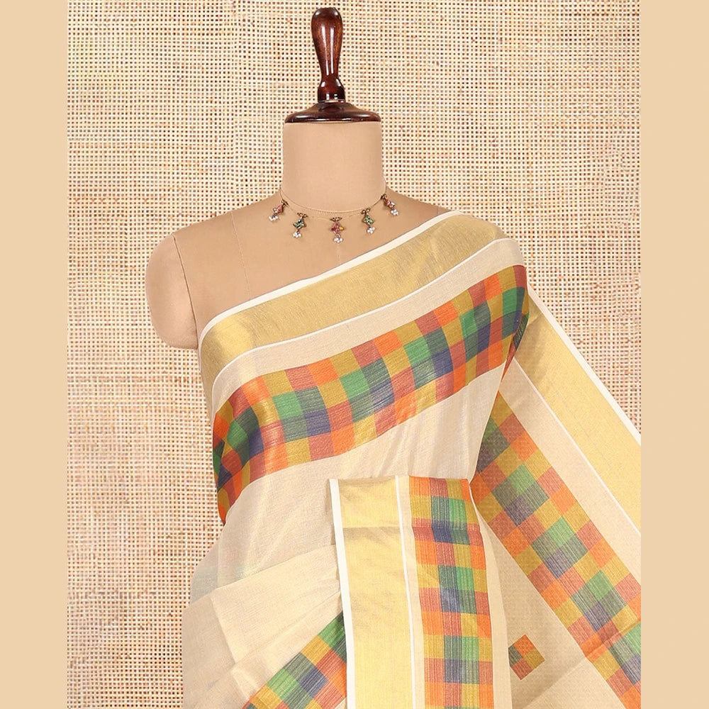 Pothys Gold-Mehendi Kerala Tissue Cotton Saree Features Madras Checked Buttas, a Zari Checked Border, and a Contrast Blouse