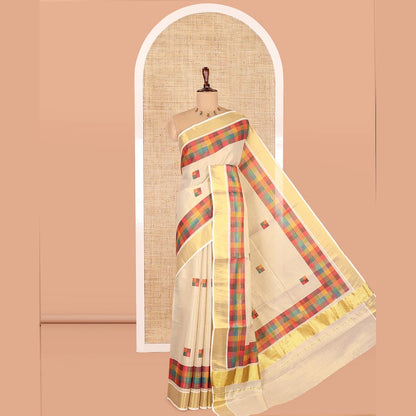 Pothys Gold-Purple Kerala Tissue Cotton Saree Features Madras Checked Buttas, a Zari Checked Border, and a Contrast Blouse