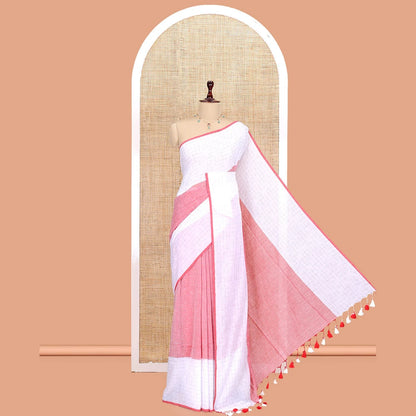Pothys Light Pink-White Khadi Mul Cotton Saree, Subtly Sparkled with Geometric Print, Complemented by a Contrast Border, and No Blouse