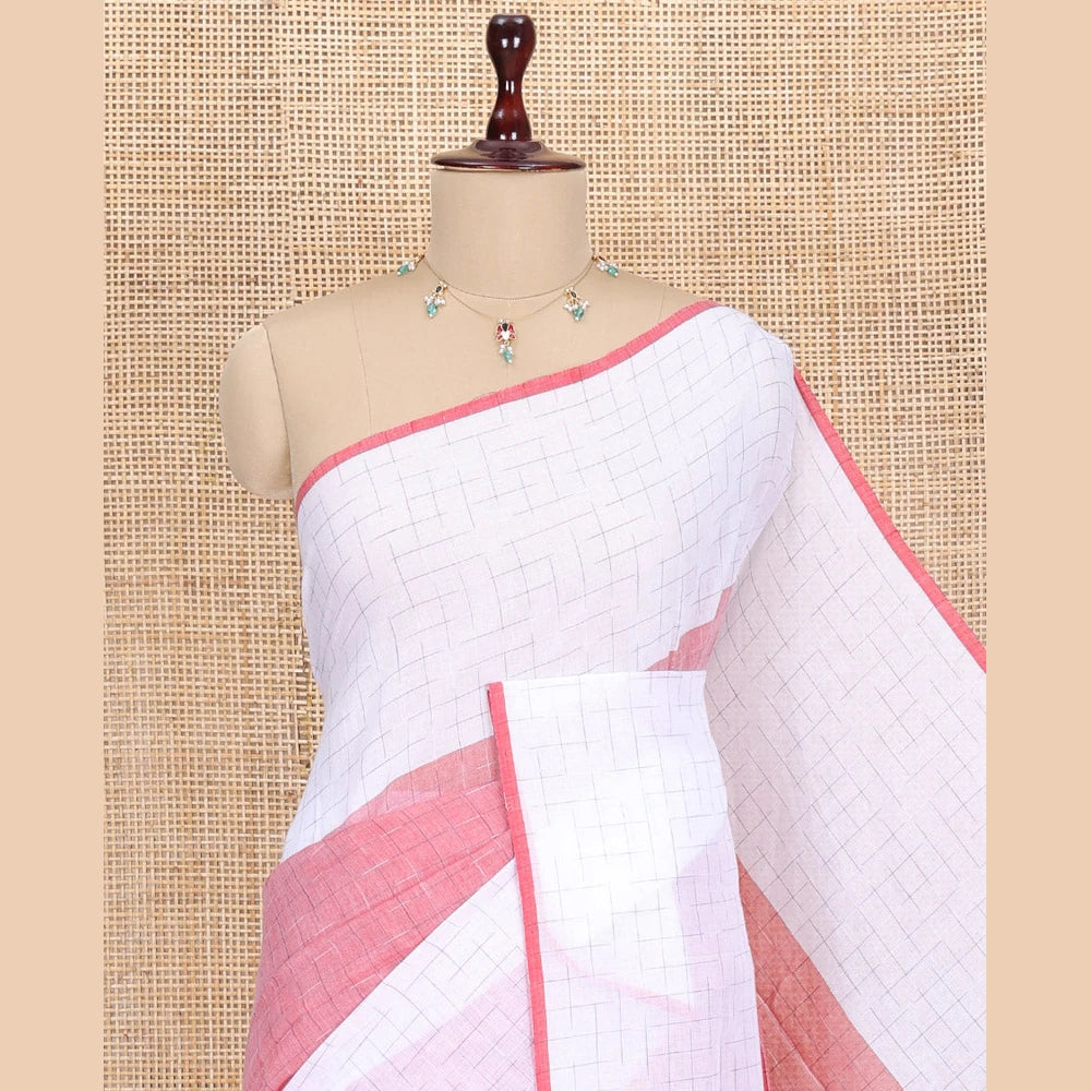 Pothys Light Pink-White Khadi Mul Cotton Saree, Subtly Sparkled with Geometric Print, Complemented by a Contrast Border, and No Blouse
