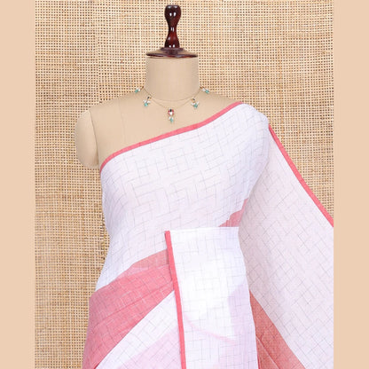 Pothys Light Pink-White Khadi Mul Cotton Saree, Subtly Sparkled with Geometric Print, Complemented by a Contrast Border, and No Blouse