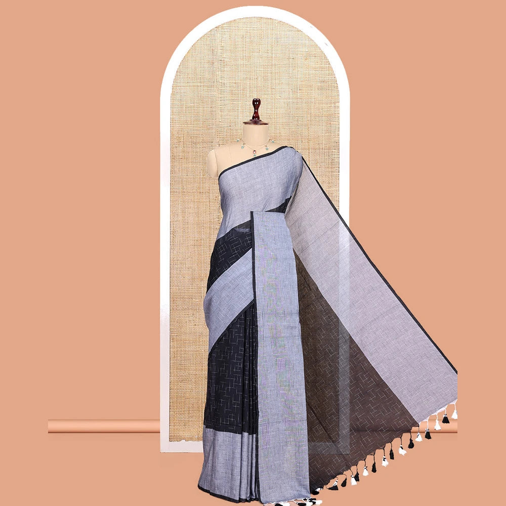 Pothys Black-Grey Khadi Mul Cotton Saree, Subtly Sparkled with Geometric Print, Complemented by a Contrast Border, and No Blouse