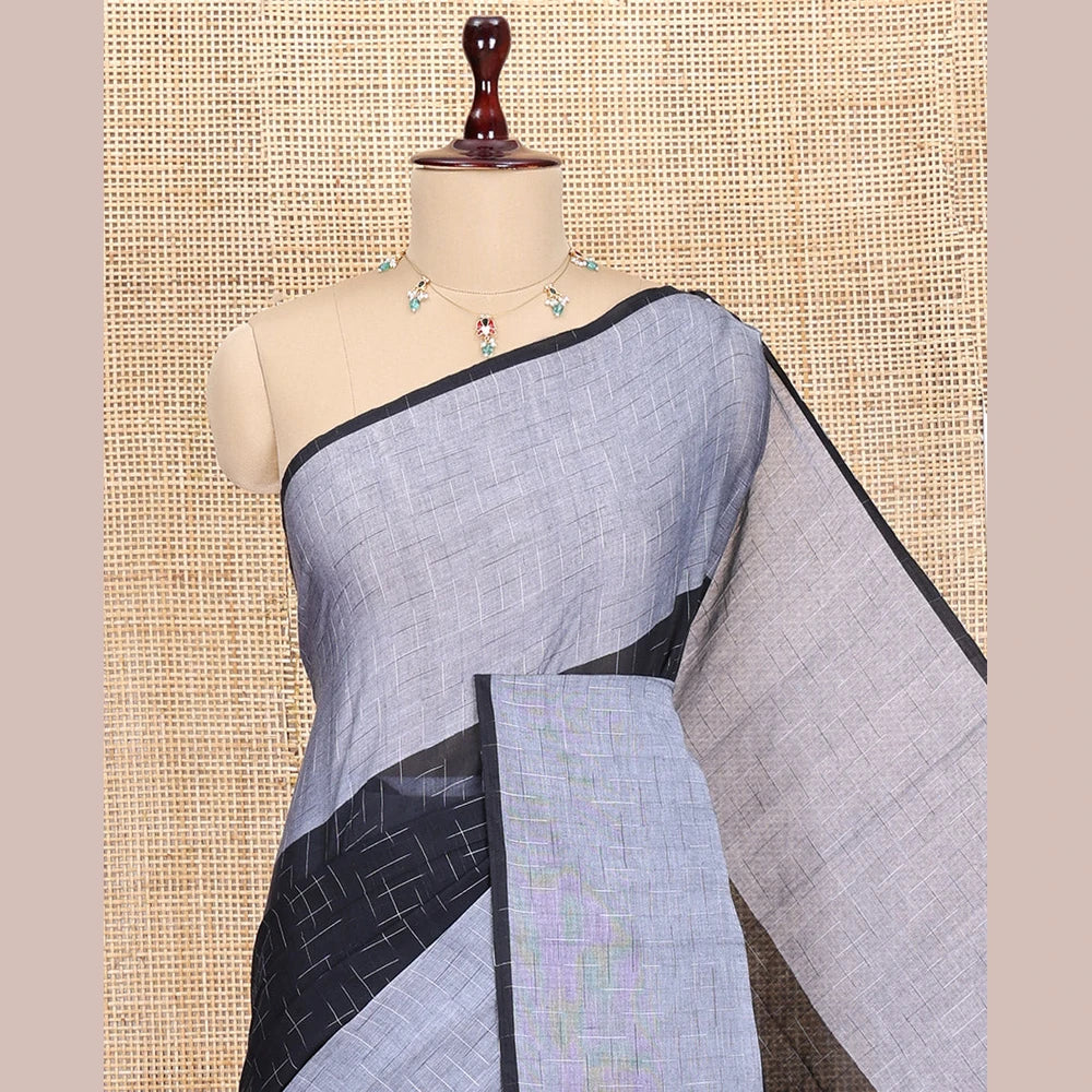 Pothys Black-Grey Khadi Mul Cotton Saree, Subtly Sparkled with Geometric Print, Complemented by a Contrast Border, and No Blouse