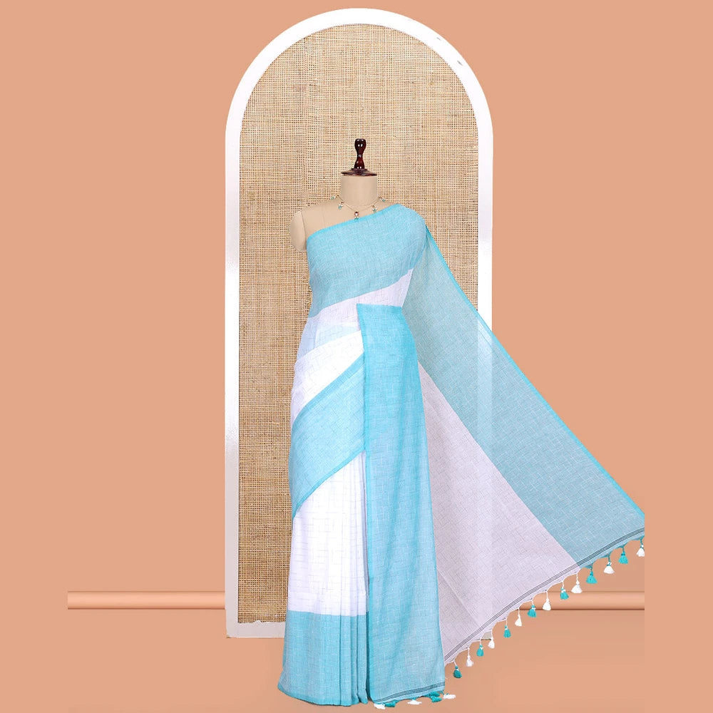 Pothys White-Blue Khadi Mul Cotton Saree, Subtly Sparkled with Geometric Print, Complemented by a Contrast Border, and No Blouse