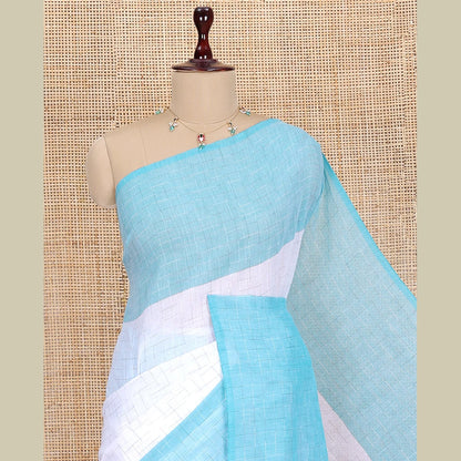 Pothys White-Blue Khadi Mul Cotton Saree, Subtly Sparkled with Geometric Print, Complemented by a Contrast Border, and No Blouse