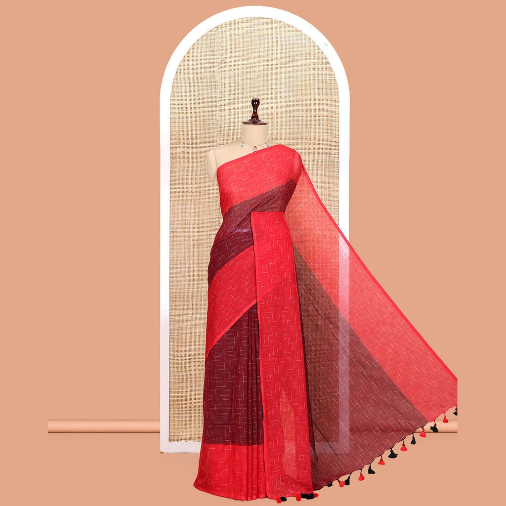 Pothys Maroon-Red Khadi Mul Cotton Saree, Subtly Sparkled with Geometric Print, Complemented by a Contrast Border, and No Blouse